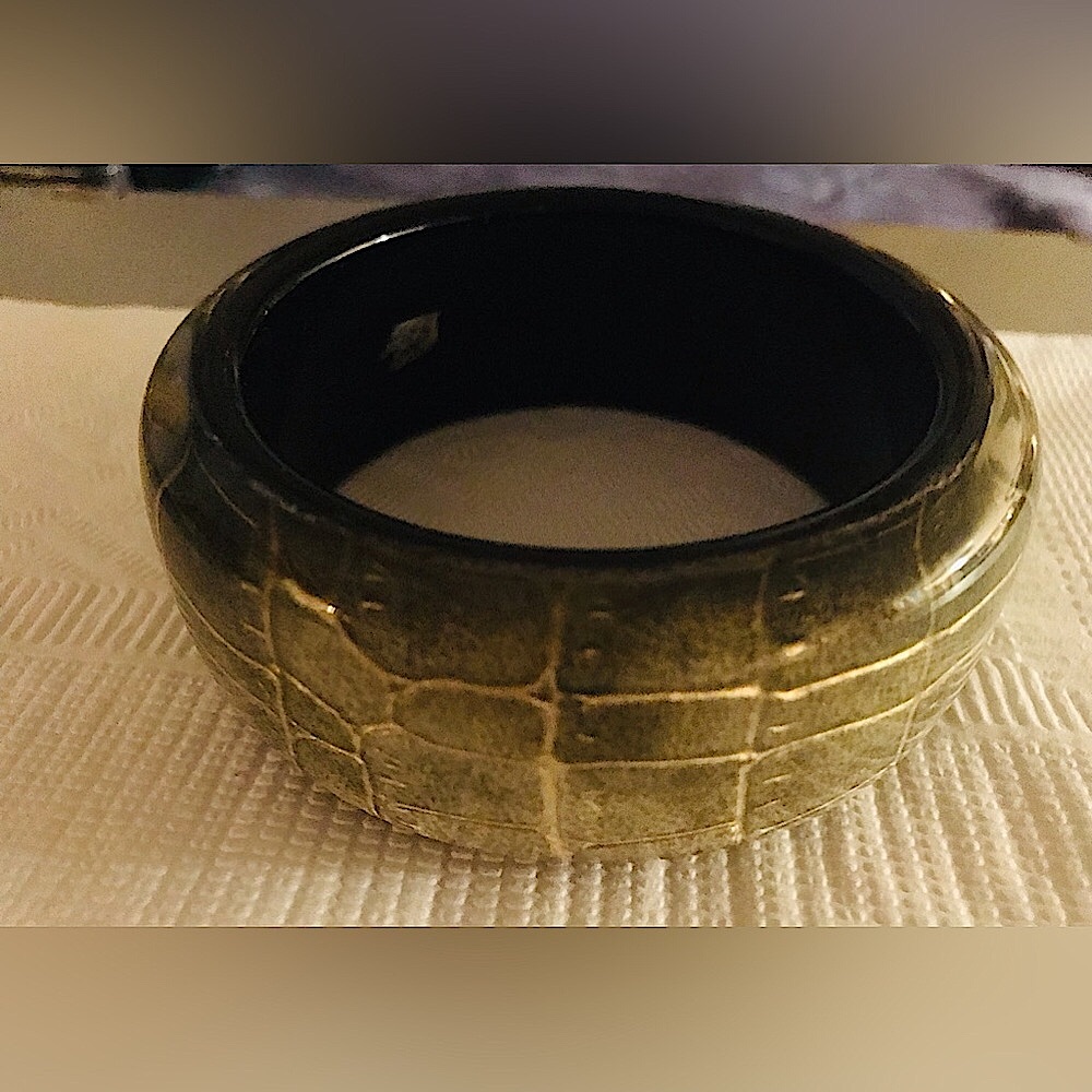 Furla- designer vintage grey snakeskin lucite bangle w/black colored border.
